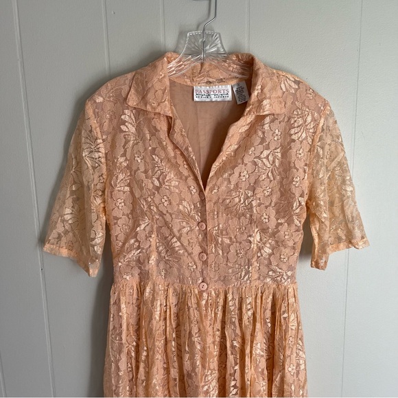 Vintage 90s Passports Pier 1 Pink Lace Midi Dress Medium Cottagecore Dainty - Picture 4 of 15